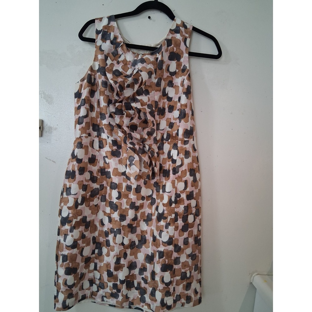 J.Crew Women 10 Brown Pink Abstract Painterly 100% Silk Ruffle Sheath Dress
